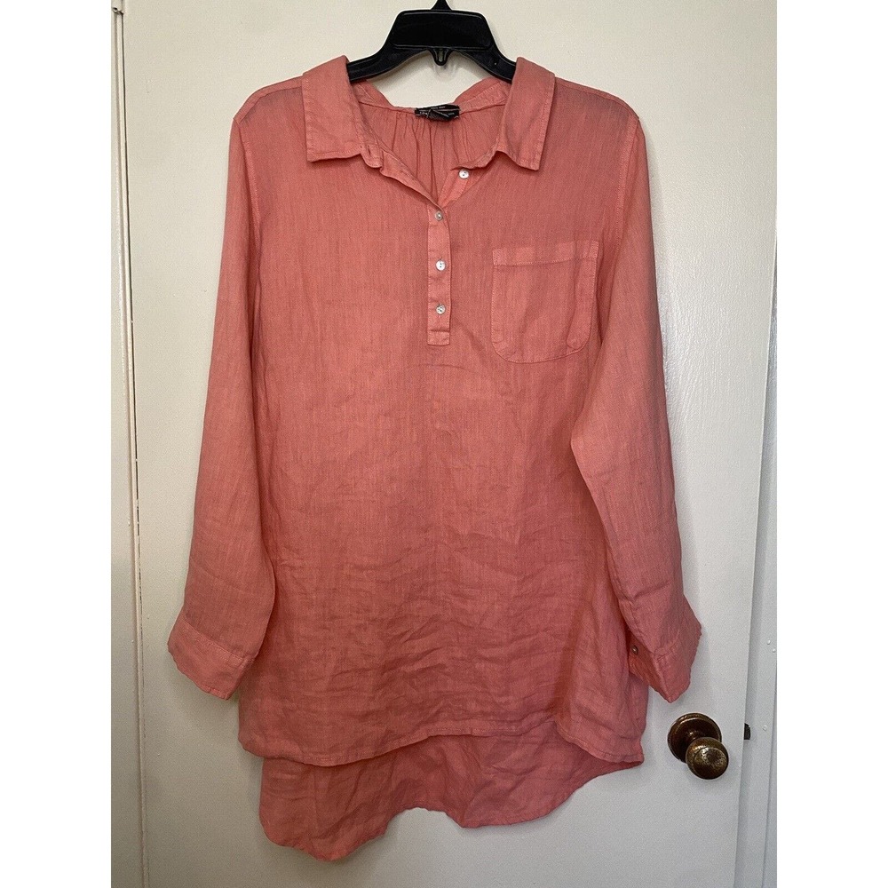 Jones New York Women's Top Long Roll Sleeve 100% Linen size 1X